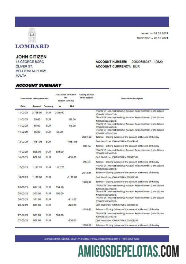 Malta Lombard Bank Malta P.l.c. Excel amostra
